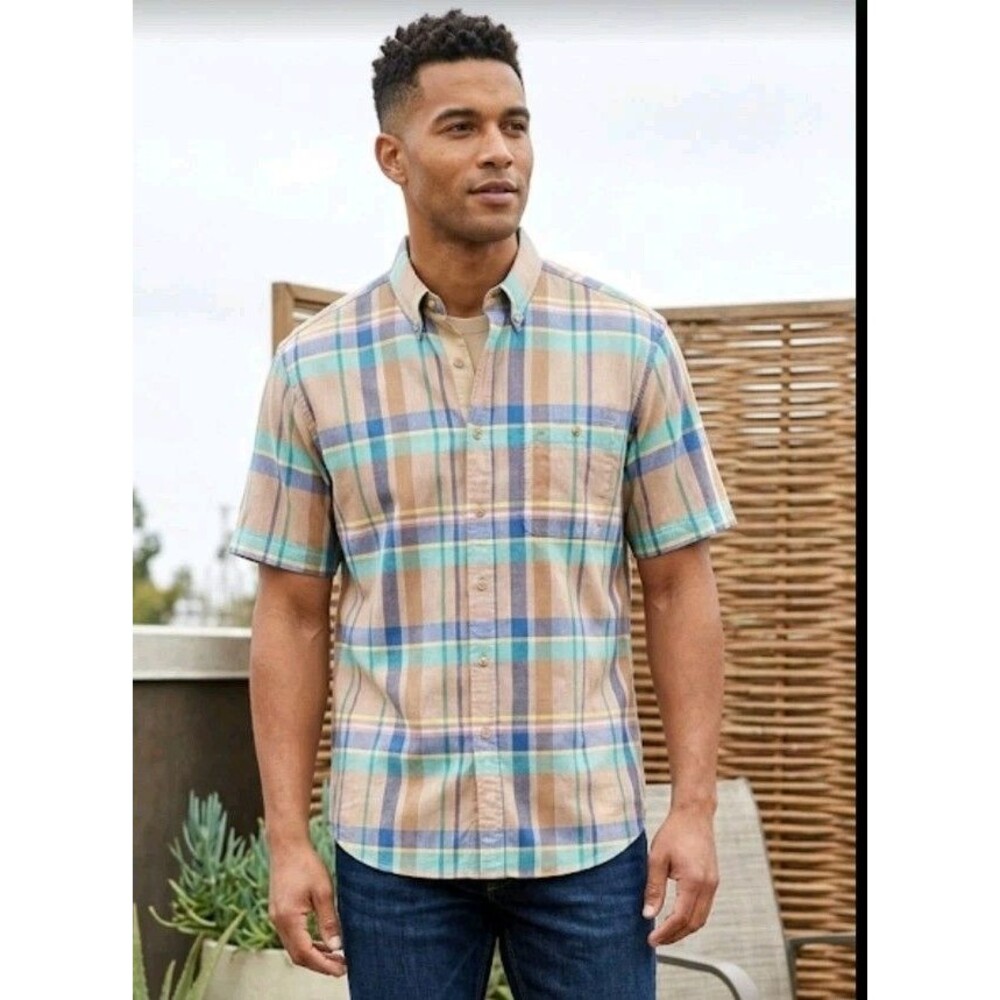 Vintage B.J. Barnett Shirt Size L Button Plaid Short Sleeve Cotton
